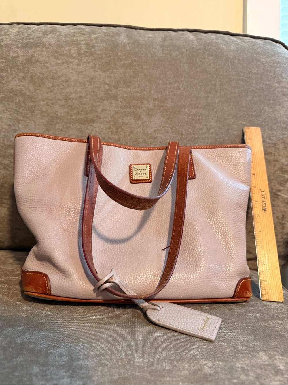 Dooney & Bourke Beige (with Pink lining) pebbled Leather Tote with Brown Trim